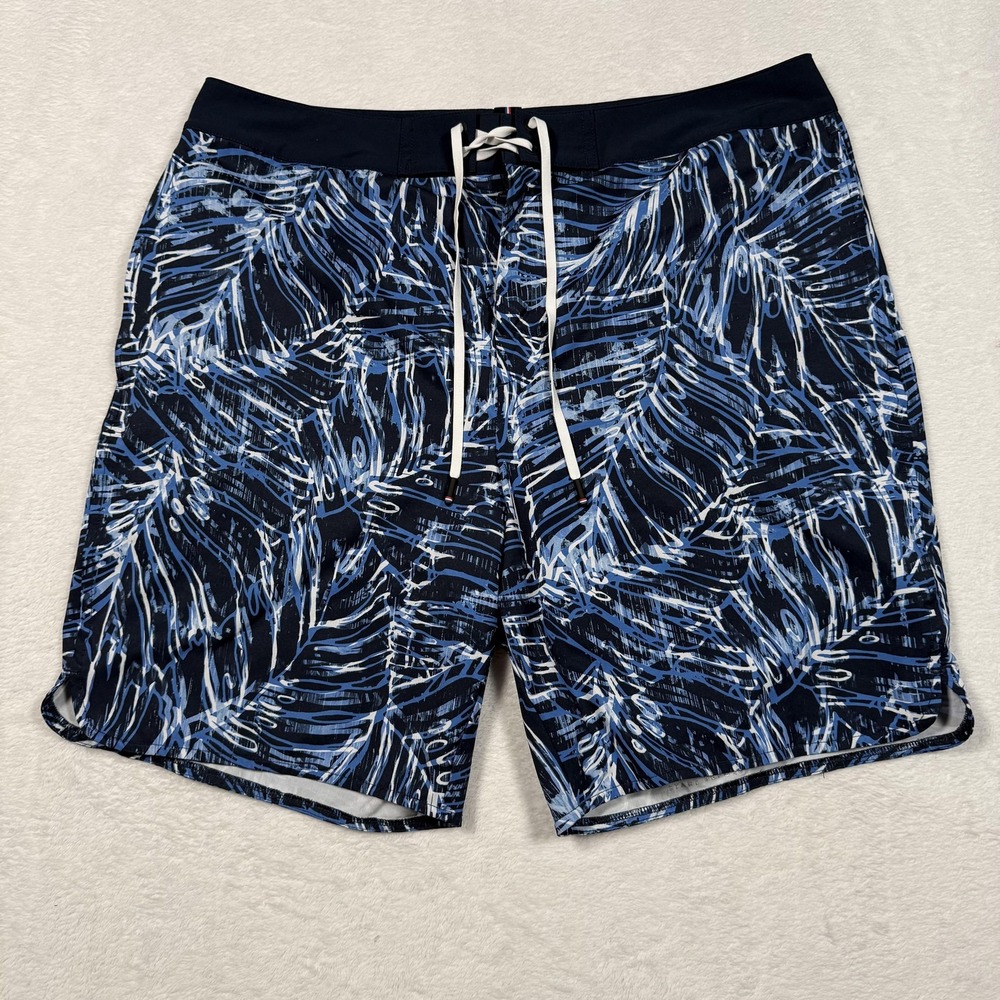Fourlaps Swim Shorts Mens 34 Blue White Palm‎ Print Boardshorts Drawstring Beach